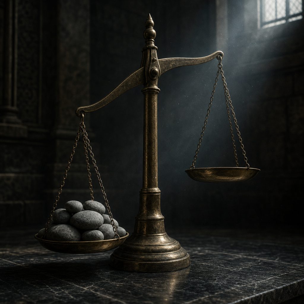 A large brass balance scale standing on a dark polished stone surface in a dim room, one pan weighed low with smooth grey river stones and the other lifted and empty, a single shaft of cold daylight from a high window grazing the metal. Deep shadows and dust in the air, muted bronze and slate tones. Cinematic close composition, shallow depth of field, austere and quiet mood.