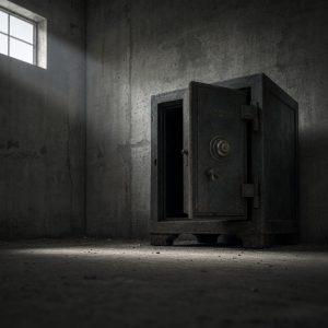 A heavy antique steel safe standing alone in a bare concrete room, its thick door hanging slightly open onto darkness inside, thin grey dust settled on the floor around it. Cold overcast daylight enters from a high window at a low angle, raking across the metal surface. Muted greys, deep shadow, desaturated palette, cinematic wide composition with shallow depth of field.