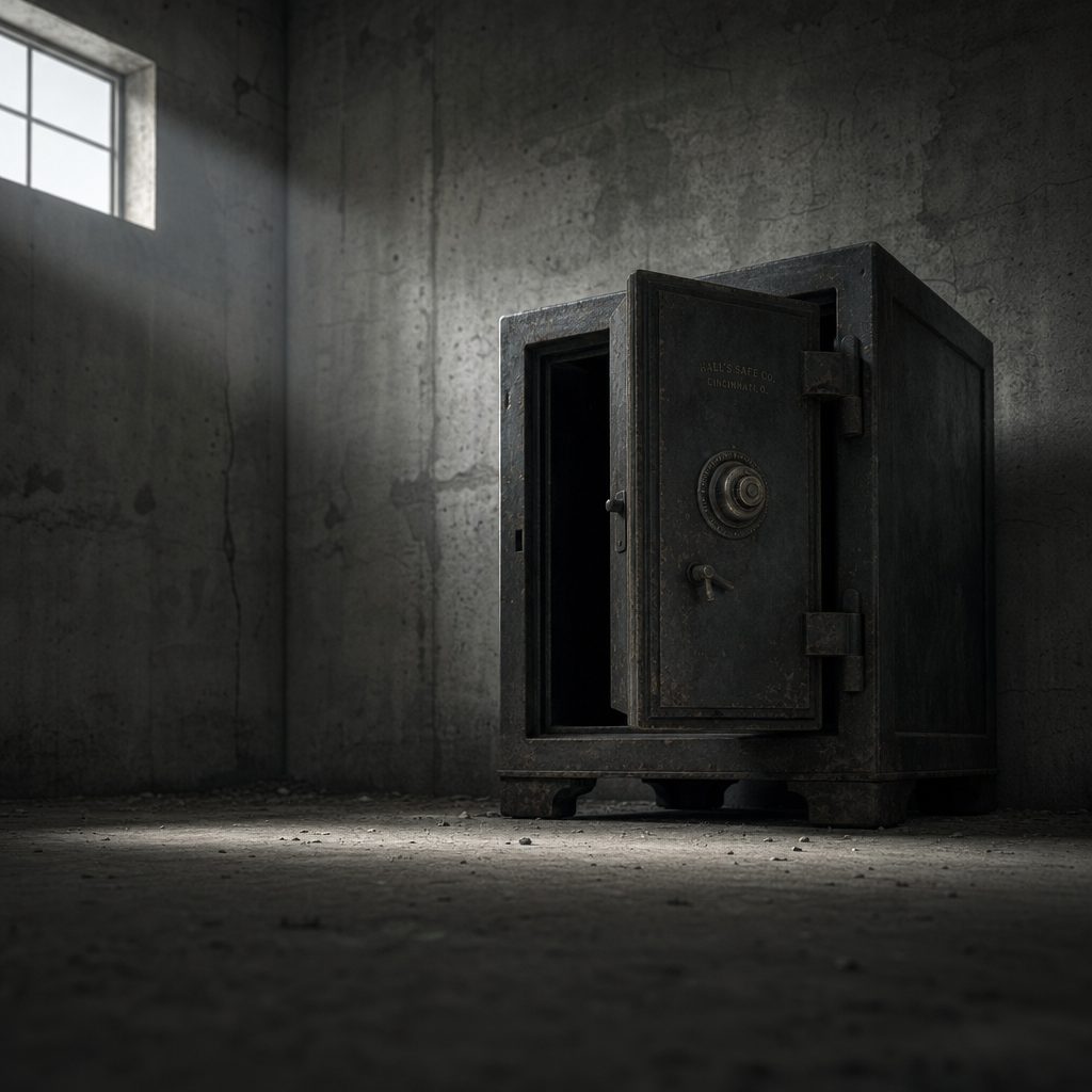 A heavy antique steel safe standing alone in a bare concrete room, its thick door hanging slightly open onto darkness inside, thin grey dust settled on the floor around it. Cold overcast daylight enters from a high window at a low angle, raking across the metal surface. Muted greys, deep shadow, desaturated palette, cinematic wide composition with shallow depth of field.