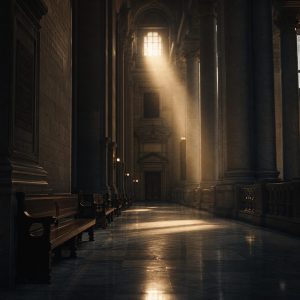 The empty marble corridor of a grand government building at late afternoon, tall columns receding into shadow, long benches unoccupied along one wall, dust drifting through a single beam of amber light from a high window. Cool grey stone against warm light, deep shadows, cinematic wide composition, shallow depth of field, quiet and still.