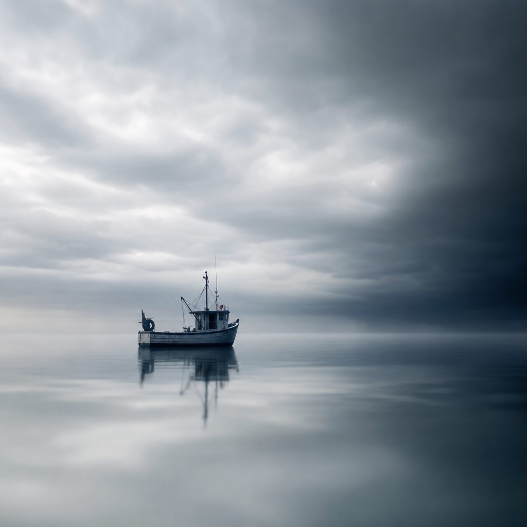 A single small fishing boat sitting motionless on a flat, glassy grey sea beneath a heavy low-hanging overcast sky, the horizon barely distinguishable. Darker weather gathers along one edge of the frame while the water stays perfectly still. Muted slate blues and cold silver tones, soft diffused light, wide cinematic composition, shallow depth of field.