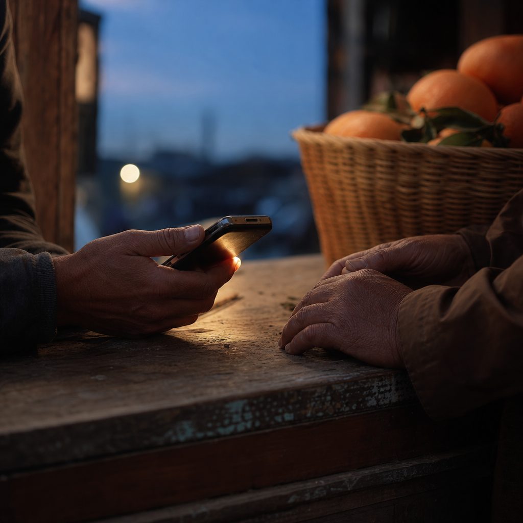 Close crop of two pairs of hands meeting over a worn wooden counter at dusk, one hand holding an old smartphone tilted away so only a soft warm glow spills from its edge, the other resting beside a woven basket of oranges. Low golden side light, deep shadows, muted earth tones with a cool blue evening sky blurred far behind. Shallow depth of field, quiet documentary photographic feel.