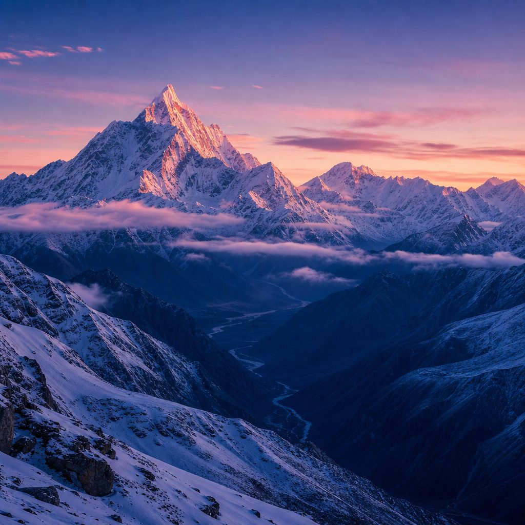 Snow covered alpine peaks catching the first pink and amber light of dawn while the valley below is still filled with deep blue shadow, thin veils of cloud drifting between the ridges. High altitude clarity, crisp cold air, soft gradients from indigo to warm rose, wide cinematic composition with long depth.