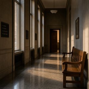 A quiet municipal office corridor in late afternoon, an empty wooden bench along a bare wall, long shadows cast by a row of tall windows across a polished stone floor, one plain door left slightly ajar at the far end. Muted greys and warm amber light, cinematic wide composition, shallow depth of field, still and slightly austere atmosphere.
