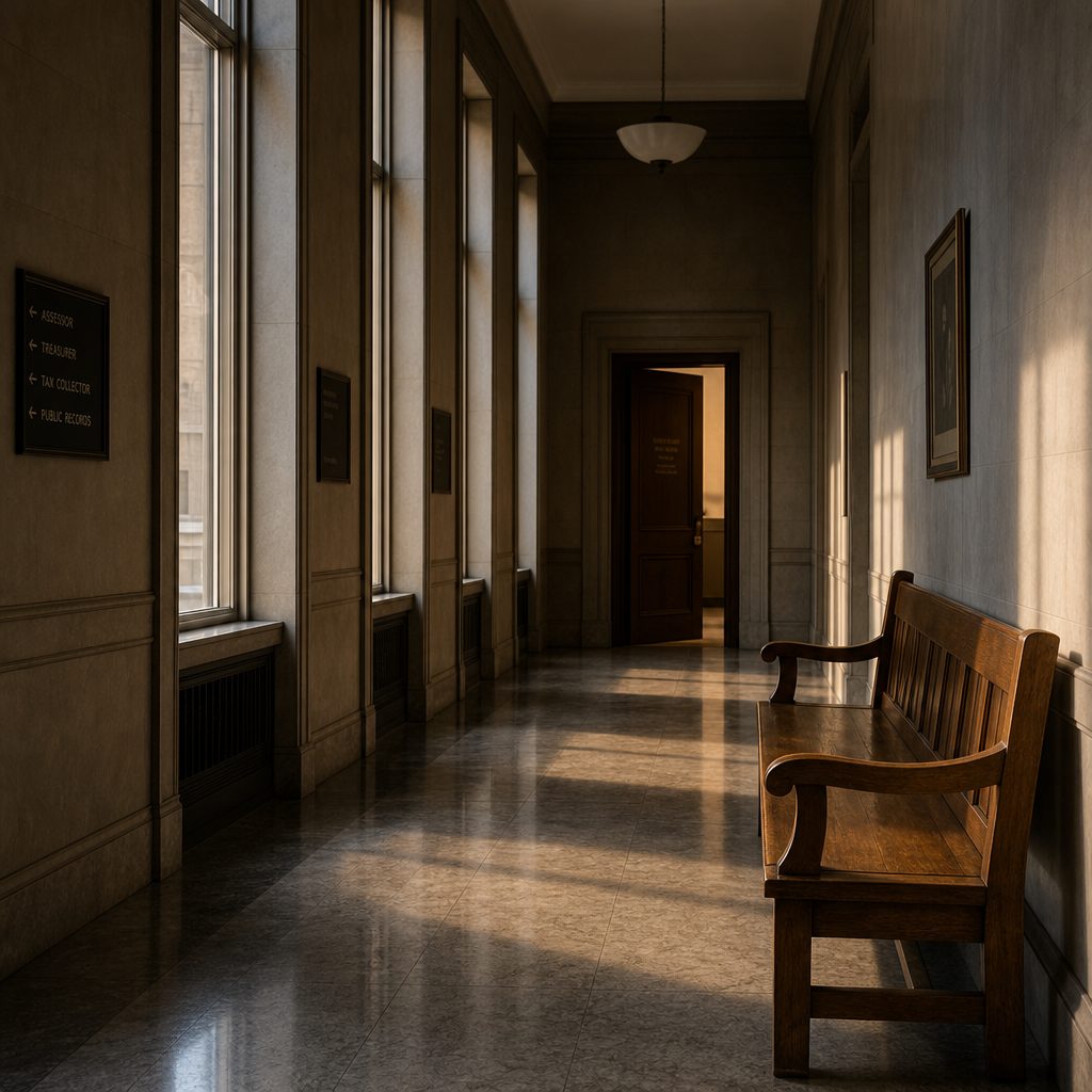 A quiet municipal office corridor in late afternoon, an empty wooden bench along a bare wall, long shadows cast by a row of tall windows across a polished stone floor, one plain door left slightly ajar at the far end. Muted greys and warm amber light, cinematic wide composition, shallow depth of field, still and slightly austere atmosphere.