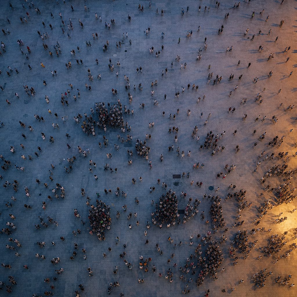 A vast crowd of people photographed from directly overhead in an open stone plaza at dusk, hundreds of small figures scattered unevenly, some clustered into dense knots and others standing alone, each casting a long soft shadow across the pale paving. Cool blue twilight with warm amber light spilling in from one edge, muted desaturated palette, fine grain, cinematic aerial composition with shallow atmospheric haze.