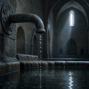A close view of water dripping steadily from a worn metal spout into a wide stone basin inside a dim vaulted hall, faint ripples spreading across the still surface. Cool grey and steel-blue palette, one shaft of pale daylight falling from a high narrow window, deep shadows and damp stone texture. Cinematic composition, shallow depth of field, quiet and patient mood.