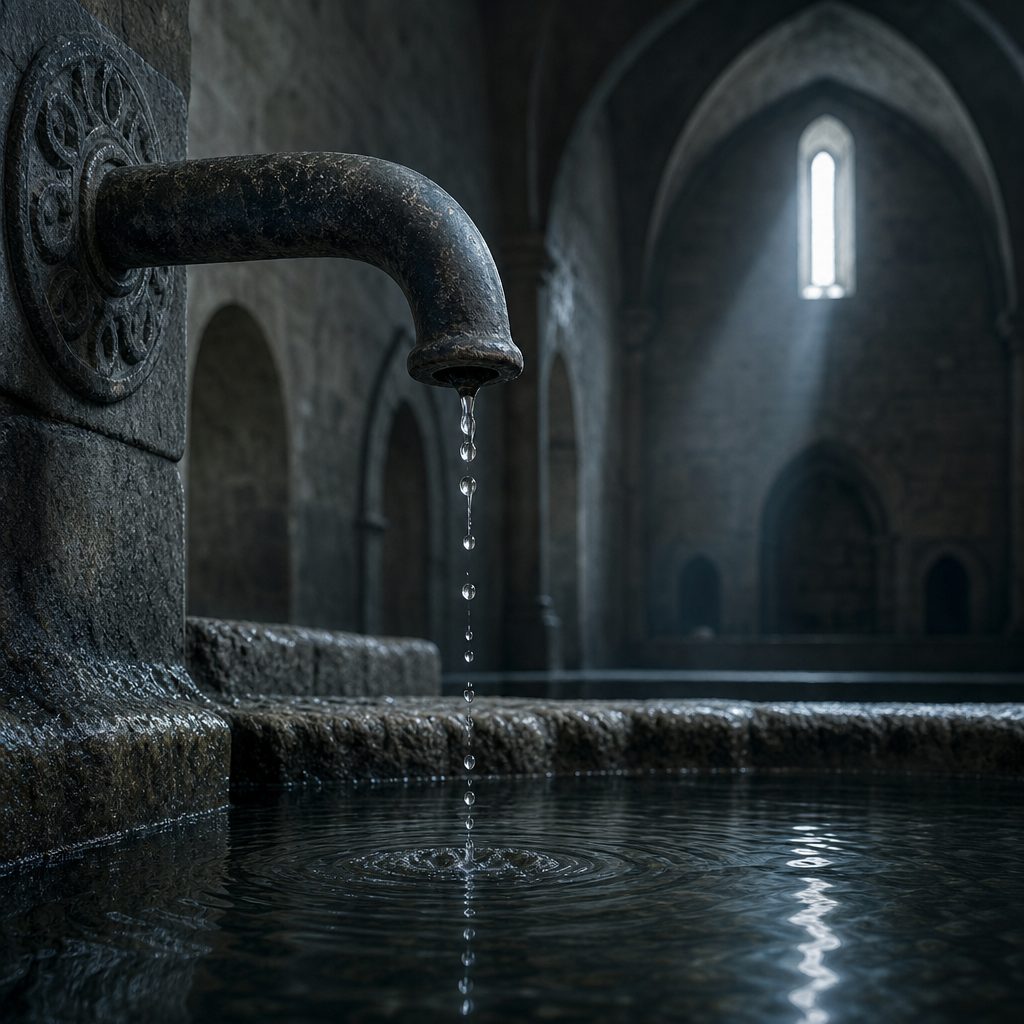 A close view of water dripping steadily from a worn metal spout into a wide stone basin inside a dim vaulted hall, faint ripples spreading across the still surface. Cool grey and steel-blue palette, one shaft of pale daylight falling from a high narrow window, deep shadows and damp stone texture. Cinematic composition, shallow depth of field, quiet and patient mood.