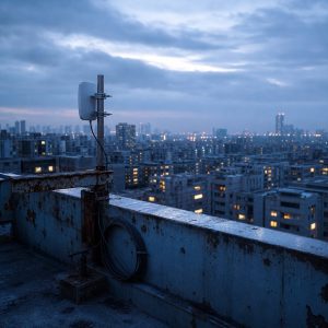 A weathered rooftop at blue hour above a dense city, a small antenna clamped to a rusted metal bracket, cables coiled against the parapet, rows of apartment blocks receding into haze below. Cool slate blues and dim amber window glow, soft overcast light, wide cinematic composition with shallow depth of field.