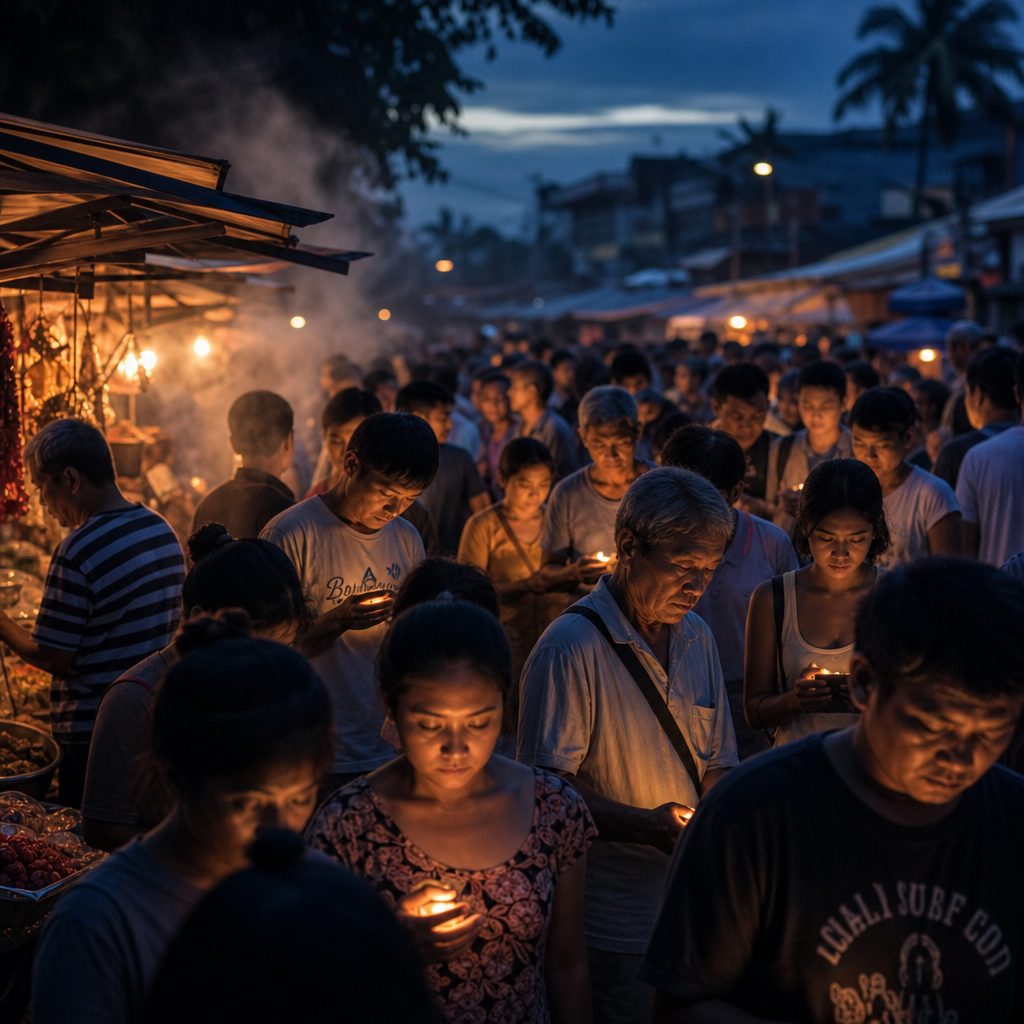 A crowded open-air street market at dawn in a warm humid climate, dozens of people standing still in the blue morning light, each face softly lit from below by a small handheld glow. Steam rising from food stalls, hazy air, warm amber highlights against deep indigo shadows, cinematic wide composition, shallow depth of field.