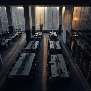 A vast empty office floor in the moments before the opening, long rows of bare desks and empty swivel chairs seen from a high angle, thin dawn light entering through tall windows and stretching long shadows across the carpet. Cool greys and deep navy with a single warm amber reflection on glass, cinematic wide composition, shallow depth of field, quiet anticipatory mood.