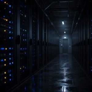 A dim server room aisle at night, two long rows of dark equipment racks receding into the distance, thin blue and amber indicator lights glowing in the gloom, a faint haze in the cold air and a wet reflective floor. Deep shadows, cinematic wide composition, shallow depth of field, quiet and slightly unsettling atmosphere.