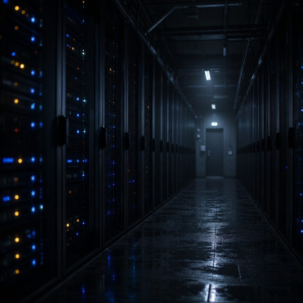 A dim server room aisle at night, two long rows of dark equipment racks receding into the distance, thin blue and amber indicator lights glowing in the gloom, a faint haze in the cold air and a wet reflective floor. Deep shadows, cinematic wide composition, shallow depth of field, quiet and slightly unsettling atmosphere.