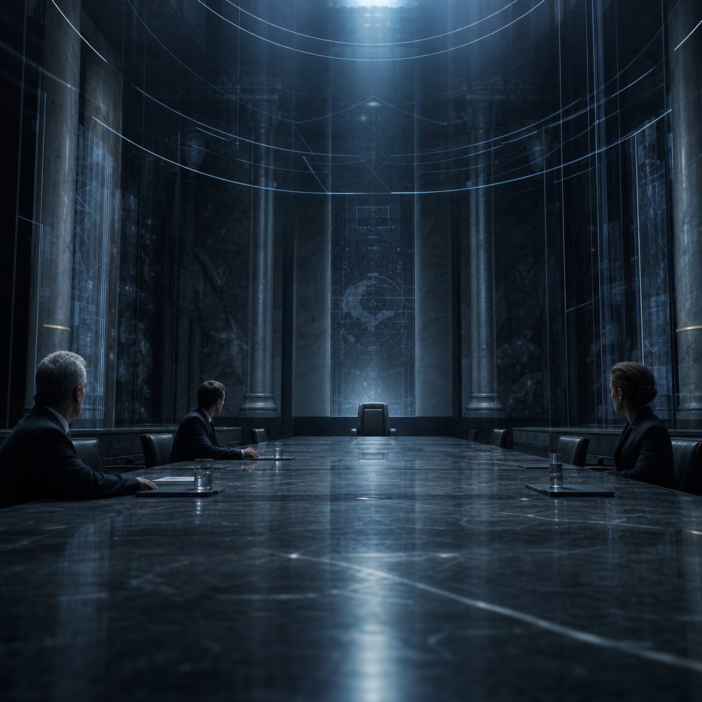 Three people in dark suits sit far apart at a long polished stone table in a high ceilinged chamber, lit by cold overhead light, their faces serious and turned toward the empty head of the table. Translucent glass panels and faint luminous arcs hang in the dim air above them. Deep blue and grey palette, cinematic lighting, shallow depth of field.