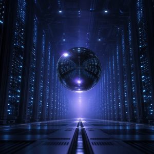 A vast dark server hall seen from a low angle, endless rows of racks glowing with tiny points of cyan light receding into haze. A single large polished chrome sphere hovers weightlessly in the central aisle, reflecting the whole room in its curved surface. Cool blue and violet palette, volumetric light beams, cinematic depth, deep shadows.