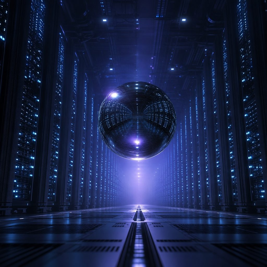 A vast dark server hall seen from a low angle, endless rows of racks glowing with tiny points of cyan light receding into haze. A single large polished chrome sphere hovers weightlessly in the central aisle, reflecting the whole room in its curved surface. Cool blue and violet palette, volumetric light beams, cinematic depth, deep shadows.