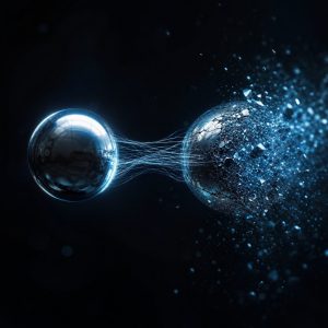 Two smooth metallic spheres suspended in dark space, one intact and mirror bright, the other breaking apart into a slow drifting cloud of glowing fragments. Cold blue rim light against deep shadow, thin luminous threads stretching between them, fine particles catching the light. High contrast, cinematic, shallow depth of field.