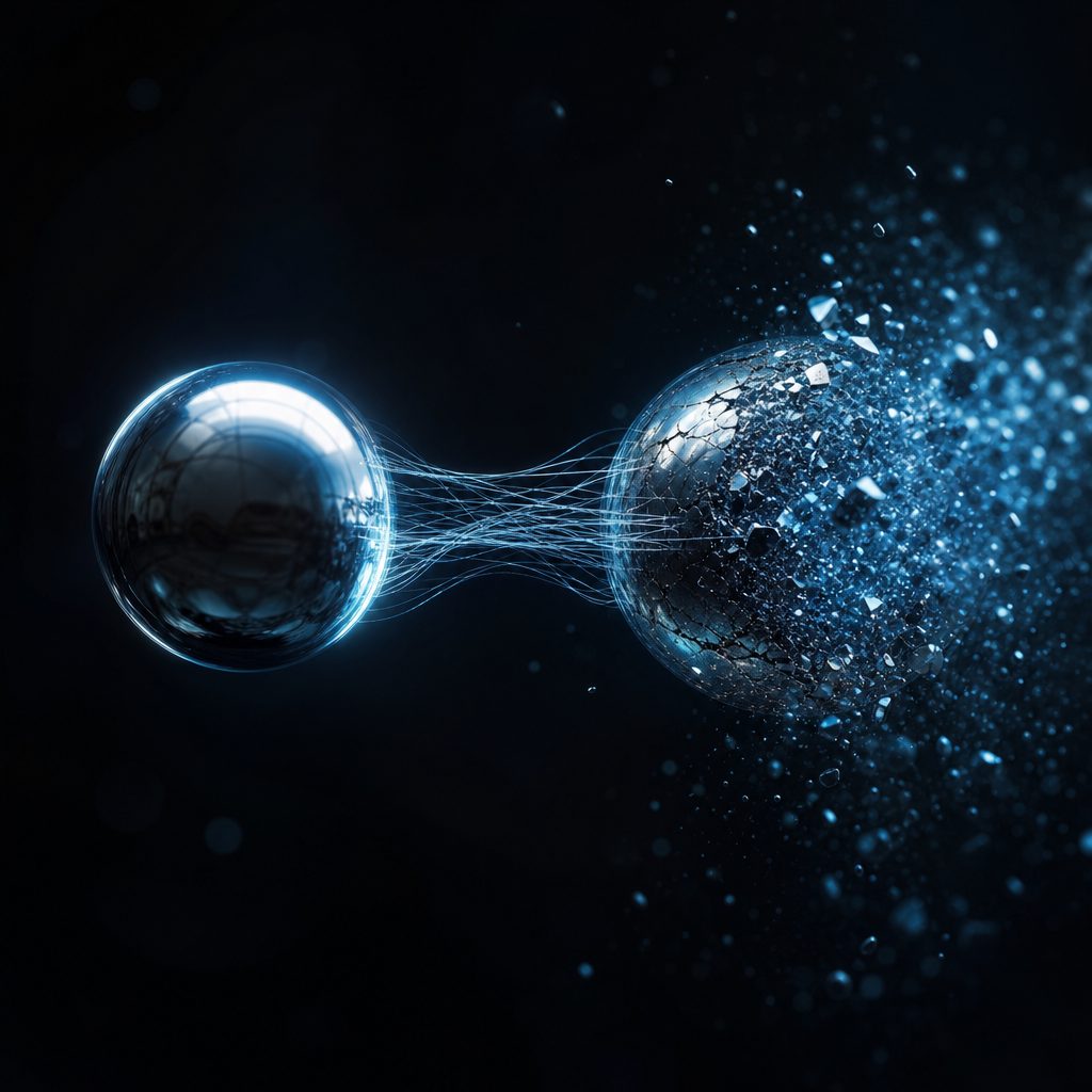 Two smooth metallic spheres suspended in dark space, one intact and mirror bright, the other breaking apart into a slow drifting cloud of glowing fragments. Cold blue rim light against deep shadow, thin luminous threads stretching between them, fine particles catching the light. High contrast, cinematic, shallow depth of field.
