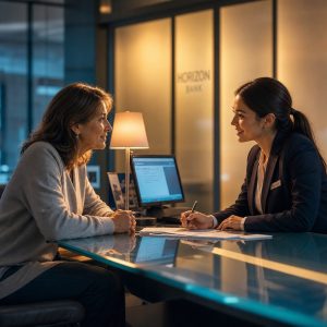 A woman in her fifties sits opposite a young bank clerk across a glass desk in a quiet modern branch, warm lamp light on both their faces, both leaning slightly forward in conversation. Behind them a wall of frosted glass glows soft amber, and cool blue reflections run along the desk surface. Warm and cool colour contrast, cinematic lighting, shallow depth of field.