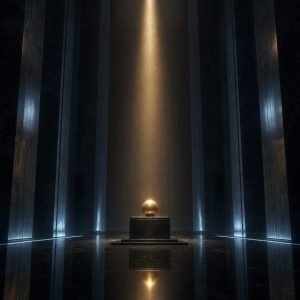 A single smooth golden sphere rests at the centre of a dark stone plinth inside a vast empty hall, lit by one narrow shaft of warm light falling from far above. The floor around it is polished to a black mirror, and thin cold blue reflections trace the edges of the room. Monumental scale, volumetric dust in the light beam, deep shadows, cinematic composition.