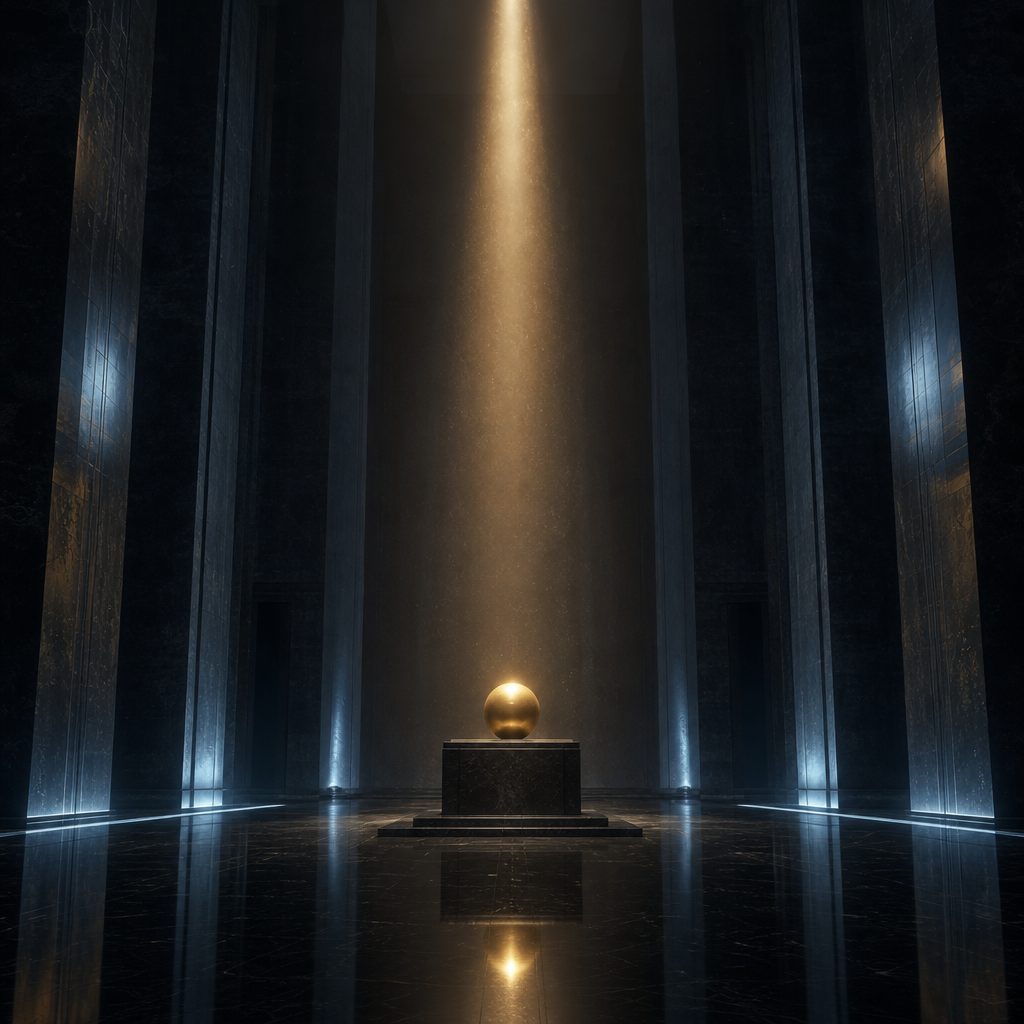 A single smooth golden sphere rests at the centre of a dark stone plinth inside a vast empty hall, lit by one narrow shaft of warm light falling from far above. The floor around it is polished to a black mirror, and thin cold blue reflections trace the edges of the room. Monumental scale, volumetric dust in the light beam, deep shadows, cinematic composition.