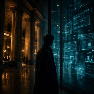 A wide dark interior split by a tall pane of glass. On one side warm amber light falls across the heavy stone columns of a banking hall, on the other cold cyan light glows across floating translucent panels. A person stands in silhouette at the glass, turned to look from one side to the other. Cinematic contrast, deep shadows, shallow depth of field.