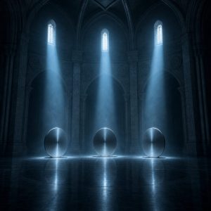 Three smooth metallic discs stand upright in a row on dark polished stone inside a vaulted hall, each held in its own narrow beam of cold light from high windows, while the rest of the hall falls away into heavy shadow. Frost blue tones, a thin haze in the air, monumental architecture, cinematic wide composition.