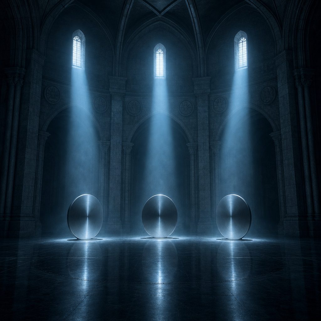 Three smooth metallic discs stand upright in a row on dark polished stone inside a vaulted hall, each held in its own narrow beam of cold light from high windows, while the rest of the hall falls away into heavy shadow. Frost blue tones, a thin haze in the air, monumental architecture, cinematic wide composition.