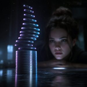 A tall stack of smooth metallic discs on a dark reflective surface, the upper half lifting apart and floating in a slow ascending spiral, catching cold violet and cyan light. Behind it, out of focus, a young woman watches with her face lit faintly from below. Deep shadows, drifting dust in the air, cinematic lighting, shallow depth of field.