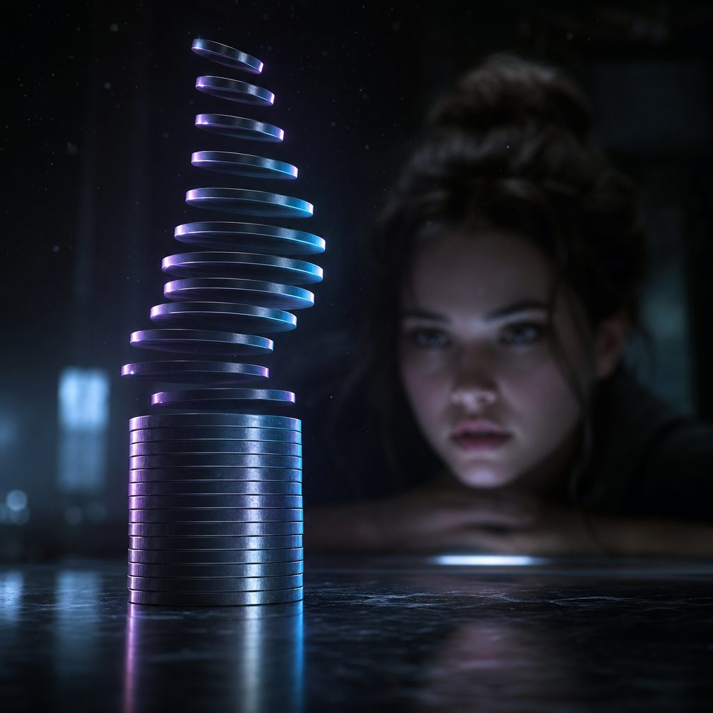 A tall stack of smooth metallic discs on a dark reflective surface, the upper half lifting apart and floating in a slow ascending spiral, catching cold violet and cyan light. Behind it, out of focus, a young woman watches with her face lit faintly from below. Deep shadows, drifting dust in the air, cinematic lighting, shallow depth of field.