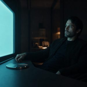A man in his thirties sits alone in a dark room at night, leaning back from a wide glowing panel whose flat cyan light washes his face, his expression neutral and waiting. A single smooth metallic disc rests untouched on the desk beside his hand. Deep shadows, a still and heavy atmosphere, cinematic lighting, shallow depth of field.