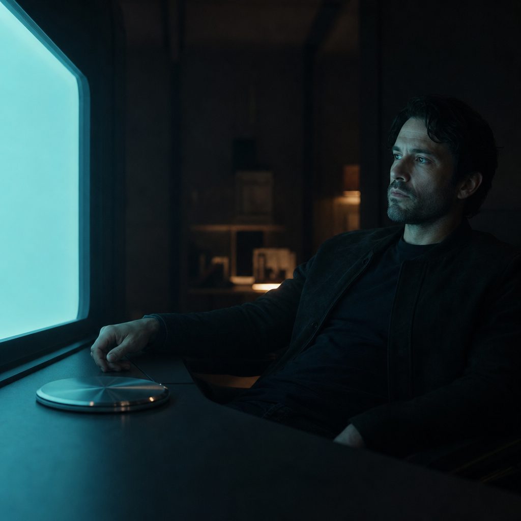 A man in his thirties sits alone in a dark room at night, leaning back from a wide glowing panel whose flat cyan light washes his face, his expression neutral and waiting. A single smooth metallic disc rests untouched on the desk beside his hand. Deep shadows, a still and heavy atmosphere, cinematic lighting, shallow depth of field.
