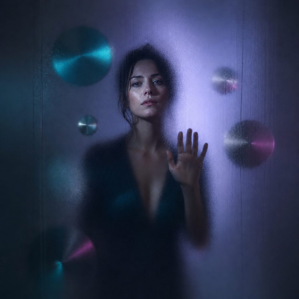 A woman in her thirties stands behind a large pane of frosted glass in a dark room, her figure clear at the centre and dissolving into blur toward the edges, lit by cool violet light from one side. Smooth metallic discs float in the dim air around her, half hidden behind the glass. Teal and magenta accents, high contrast, cinematic shallow depth of field.