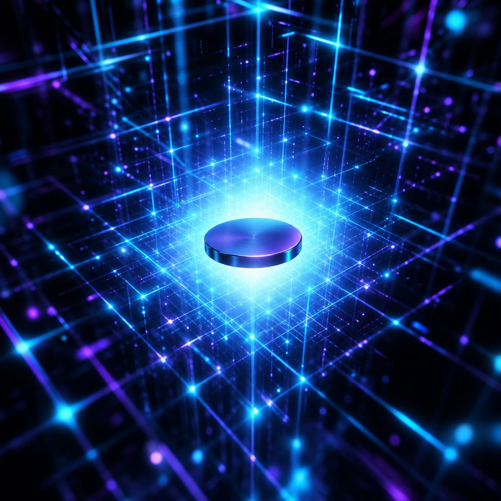 A dense three dimensional lattice of glowing cyan lines fills a dark volume, thickening at the centre into a bright core where a single smooth metallic disc hangs suspended. Streaks of motion light run along the lattice edges. Neon cyan and deep violet against near black, high contrast, cinematic, shallow depth of field.