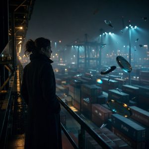 A woman in a dark coat stands on a night gantry above a container port, cold blue floodlights raking across the stacked steel boxes below her. Smooth metallic discs and translucent glass shards drift weightlessly in the dark air beside her, catching teal and amber light. Cinematic wide composition, deep shadows, shallow depth of field.