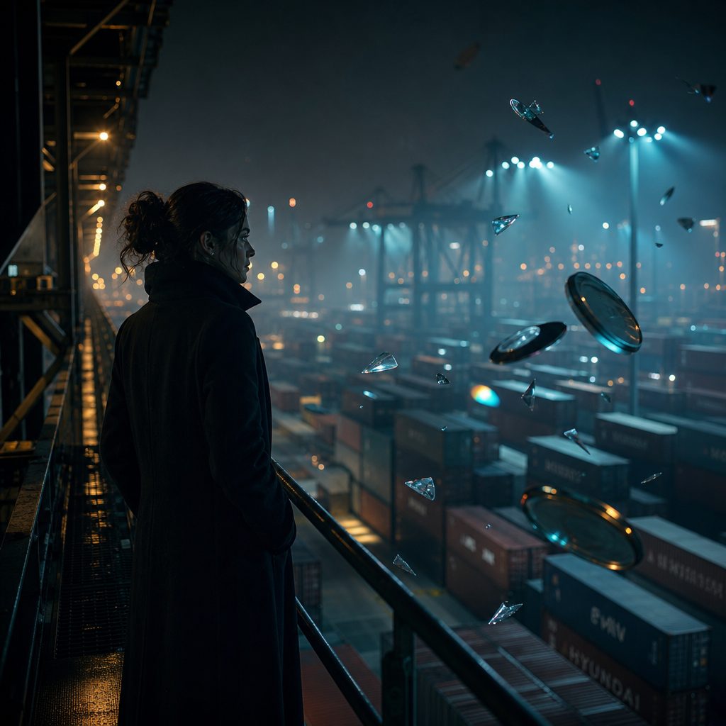 A woman in a dark coat stands on a night gantry above a container port, cold blue floodlights raking across the stacked steel boxes below her. Smooth metallic discs and translucent glass shards drift weightlessly in the dark air beside her, catching teal and amber light. Cinematic wide composition, deep shadows, shallow depth of field.