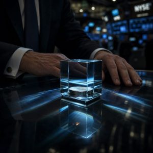 A pair of hands in a crisp shirt cuff rests on a dark glass surface where a single smooth metallic disc sits beneath a heavy transparent cube, the cube refracting cold blue light into soft bands across the table. Behind them a blurred trading floor glows in shallow focus. Cinematic lighting, deep shadows, high contrast.