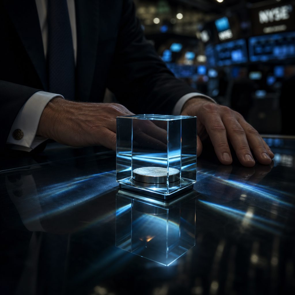 A pair of hands in a crisp shirt cuff rests on a dark glass surface where a single smooth metallic disc sits beneath a heavy transparent cube, the cube refracting cold blue light into soft bands across the table. Behind them a blurred trading floor glows in shallow focus. Cinematic lighting, deep shadows, high contrast.