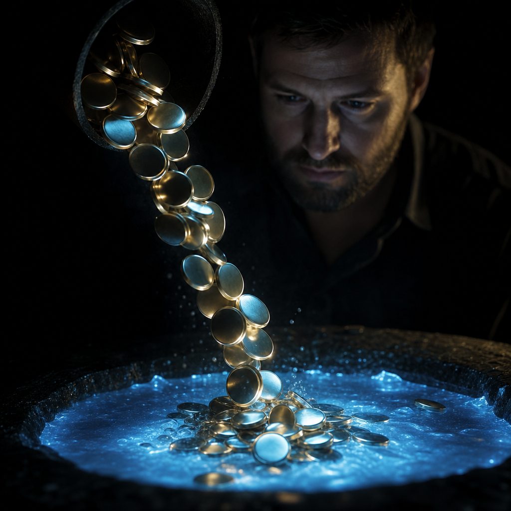 A slow stream of smooth metallic discs pours out of darkness into a shallow pool of cold glowing liquid on a black surface, throwing light upward. A man in a dark shirt watches from the shadows just behind, his face lit faintly from below. Blue and amber highlights, deep shadows, cinematic lighting, shallow depth of field.