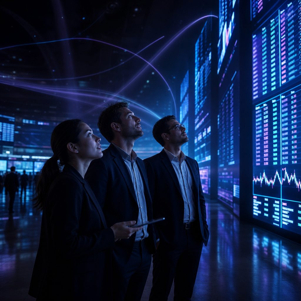 A wide dim trading floor in the early morning, three colleagues standing close together and looking up at tall panels of smooth glowing light. Their faces are lit from below in pale blue and violet, calm and alert. Soft luminous arcs and thin neon lines drift through the dark air behind them, with reflections across a polished floor. Cinematic lighting, shallow depth of field, deep shadows, faint haze.